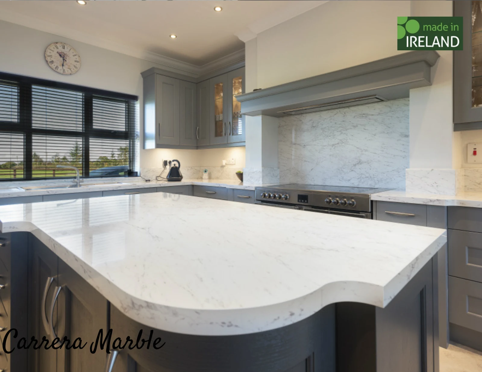 Italian Marble collection laminate worktop with white-ground base and bold grey veining, replicating natural Italian marble