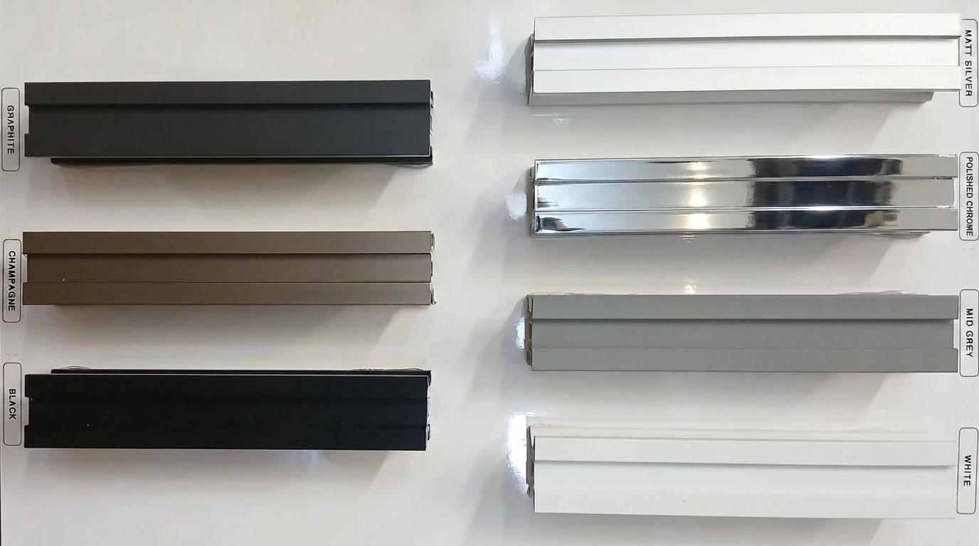 Glide aluminium frame colour options showing Matt Silver, Polished Chrome, Champagne, Brushed Black, Matt Iron Grey and Polished Iron Grey finishes