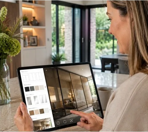 Customer designing sliding wardrobe doors on a tablet