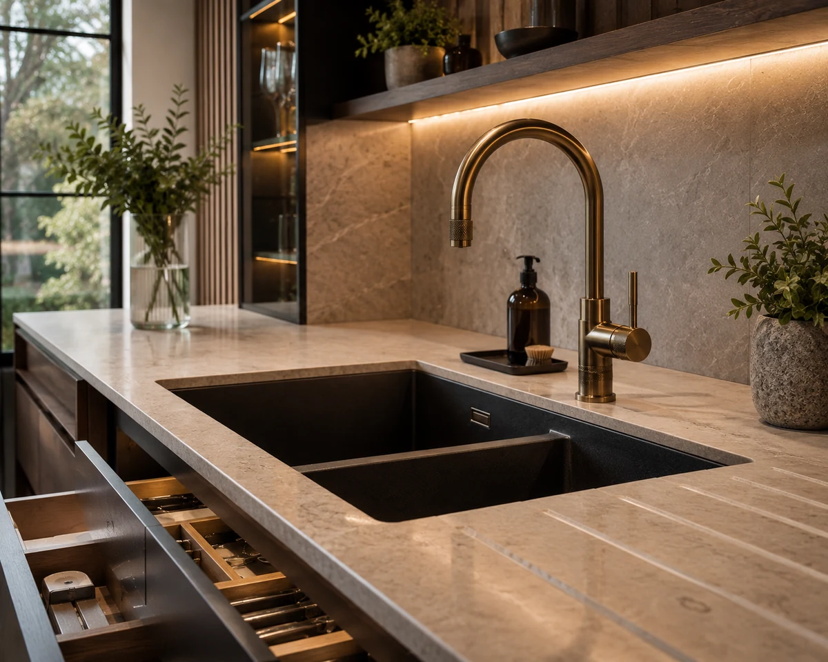 Stainless steel single bowl kitchen sink with chrome mixer tap installed in a laminate worktop